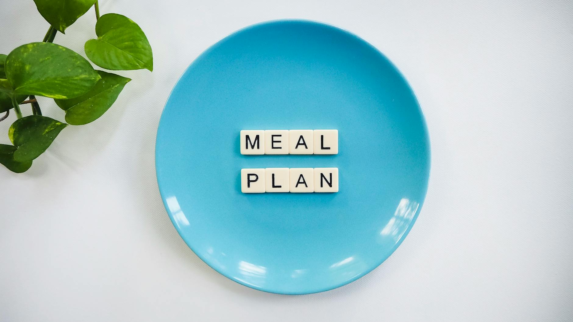 Napis meal plan z kostek liter na niebieskim talerzu z zielonymi liśćmi